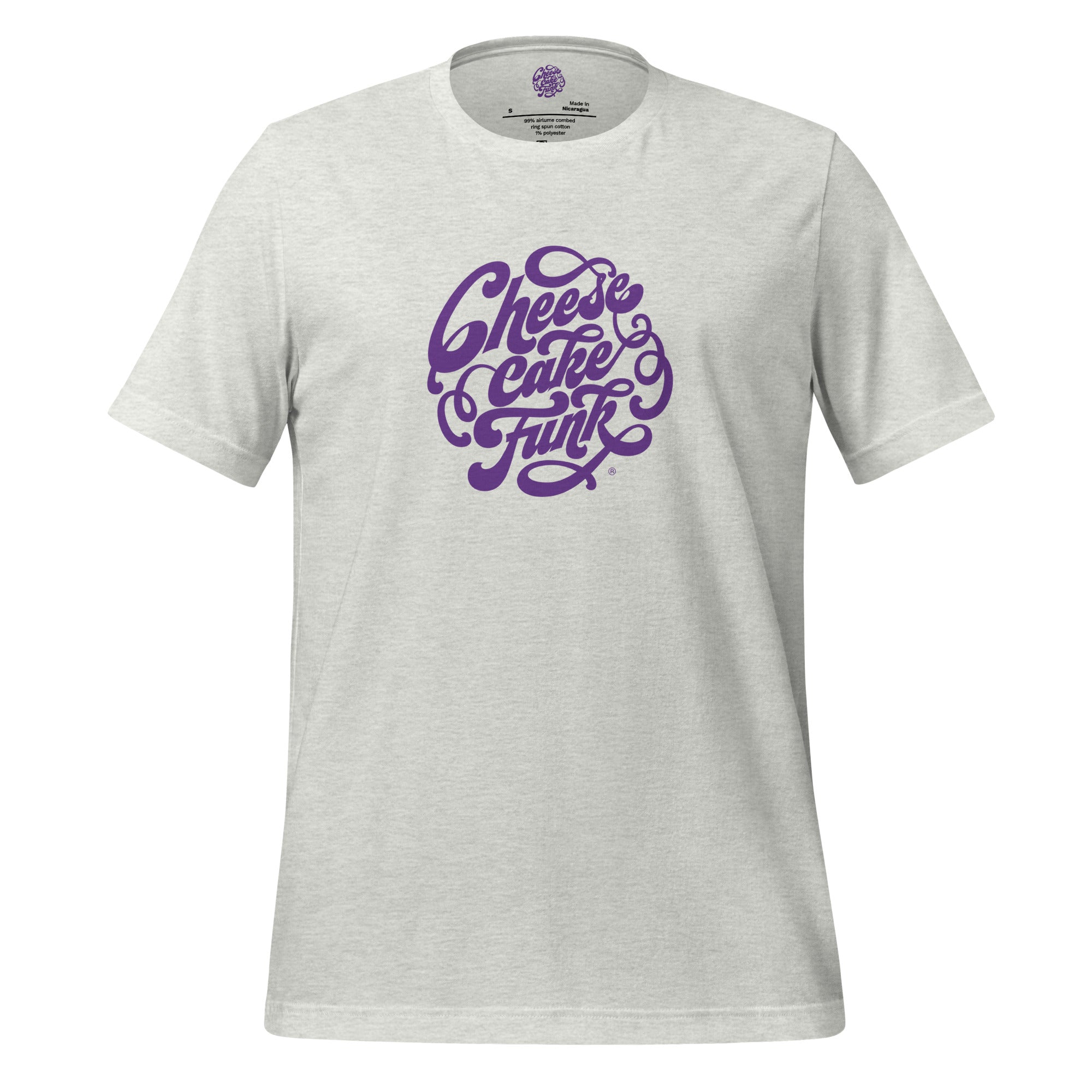 Official Cheesecake Funk® Ash color tee with purple logo